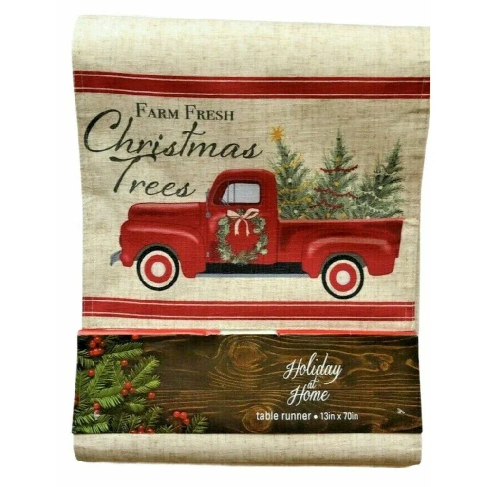 Christmas Trees Red Farm Truck Table Runner Wreath Cabin Lodge Farm Fresh 70x13